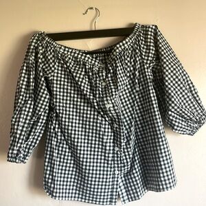Gingham plaid button down off the shoulder top